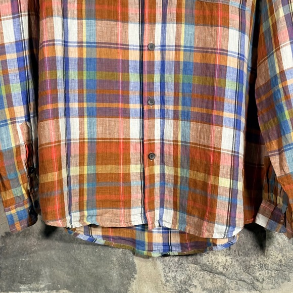 Carbon 2 Cobalt Men's Plaid Linen Long Sleeve Button Up‎ Shirt XL Orange Blue - Picture 7 of 13